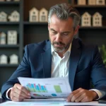 Expert financier en costume bleu examine un rapport d'investissement