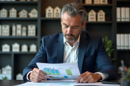 Expert financier en costume bleu examine un rapport d'investissement