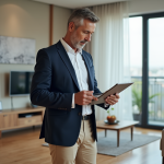 Expert immobilier en intérieur moderne avec clipboard