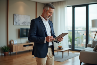Expert immobilier en intérieur moderne avec clipboard