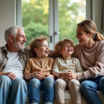Famille multigenerations souriante dans un salon moderne