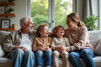 Famille multigenerations souriante dans un salon moderne