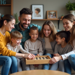 Famille recomposée souriante dans un salon chaleureux