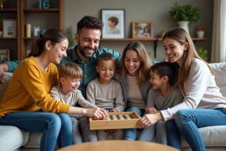 Famille recomposée souriante dans un salon chaleureux