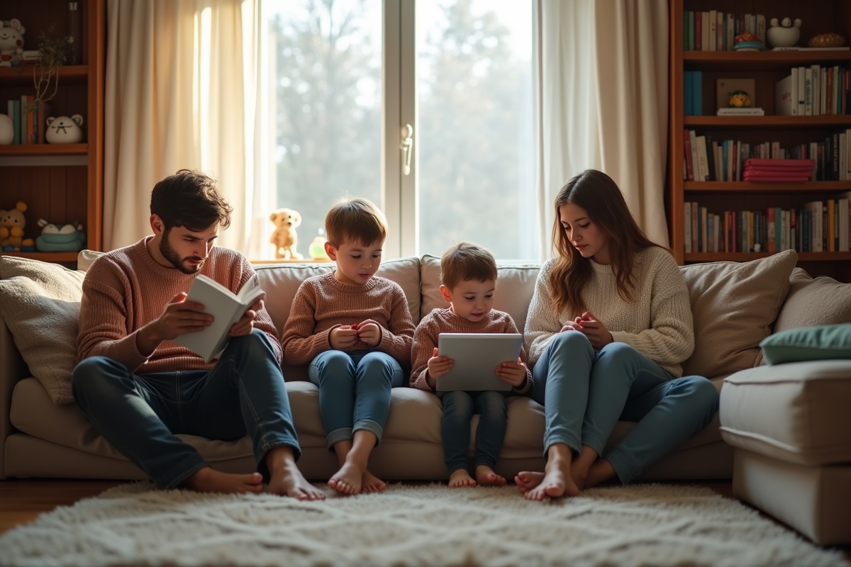 Famille séparée dans le salon chacun dans son coin