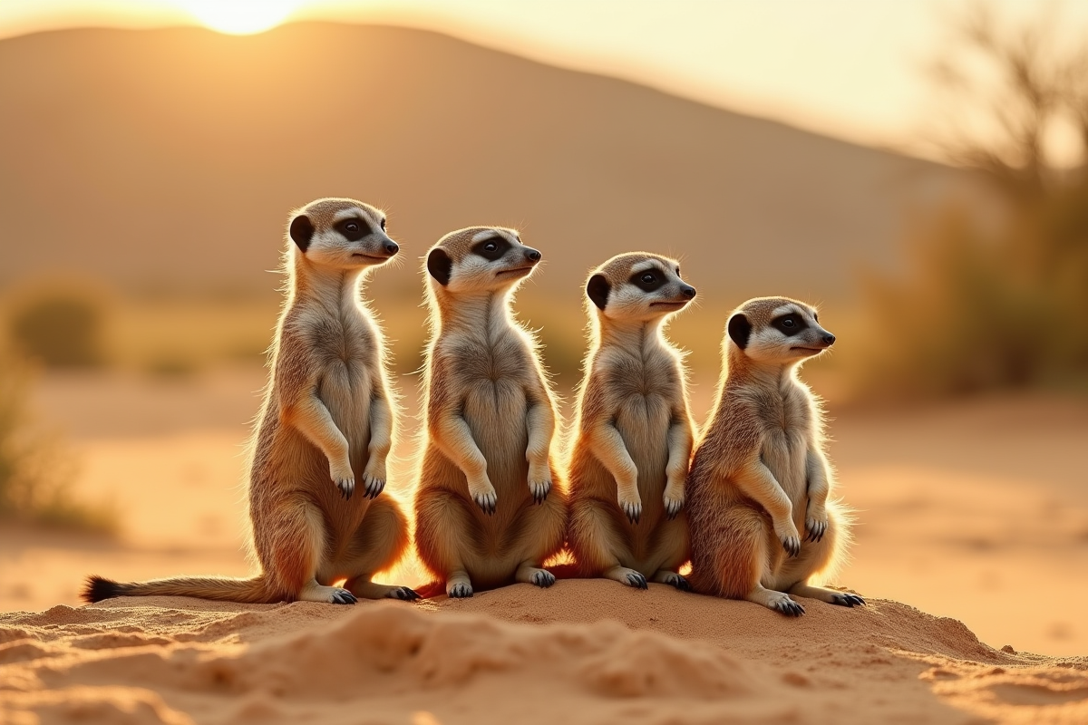 Famille de suricates sur un monticule en savane
