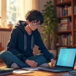 Jeune fan de manga assis entouré de volumes Fairy Tail et d'une liste d'épisodes ouverte sur ordinateur portable