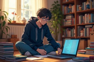 Jeune fan de manga assis entouré de volumes Fairy Tail et d'une liste d'épisodes ouverte sur ordinateur portable