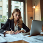 Femme d'affaires dans un bureau moderne examine des contrats immobiliers