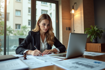 Femme d'affaires dans un bureau moderne examine des contrats immobiliers