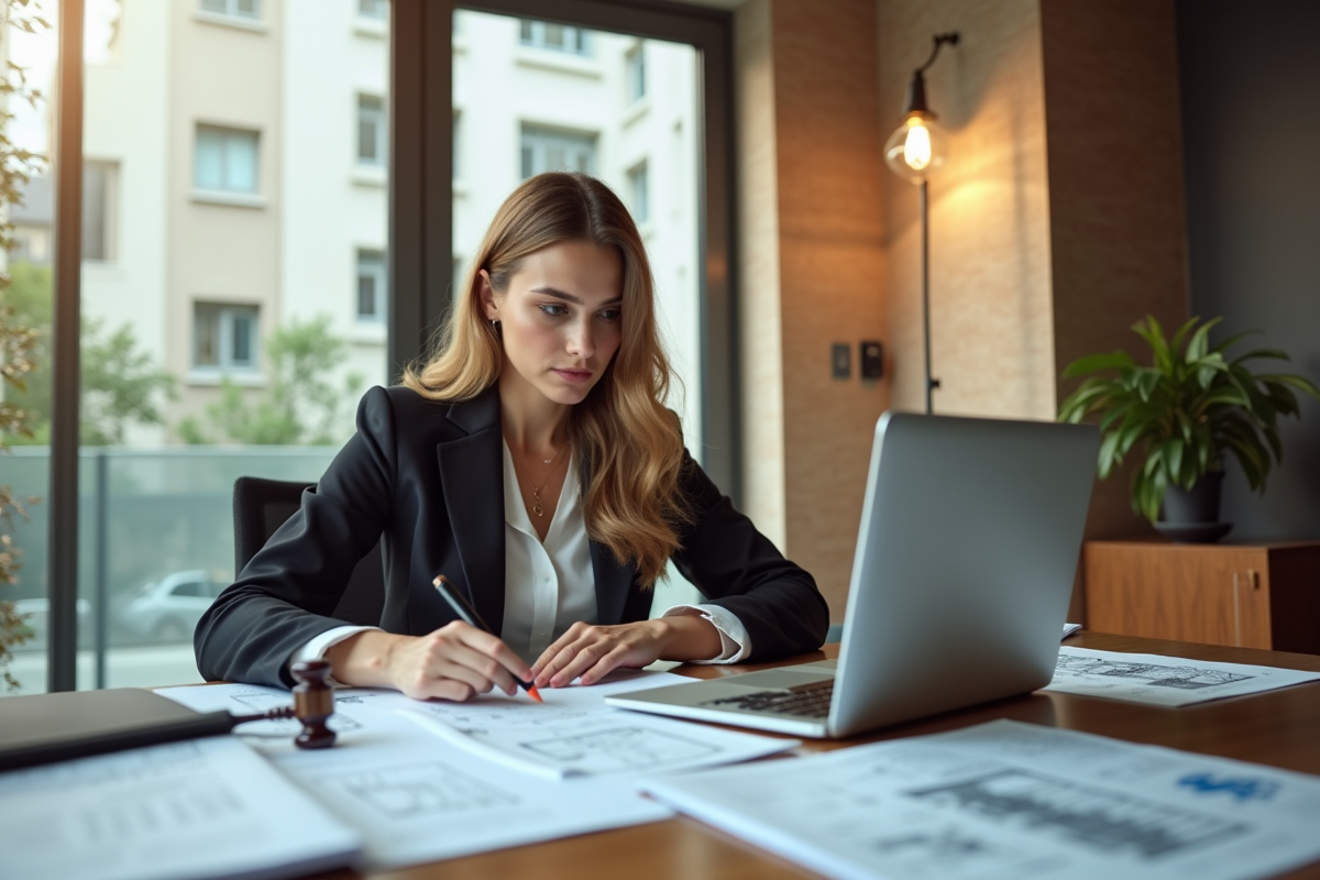 Femme d'affaires dans un bureau moderne examine des contrats immobiliers