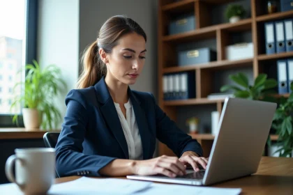 Femme d'affaires en costume dans un bureau moderne