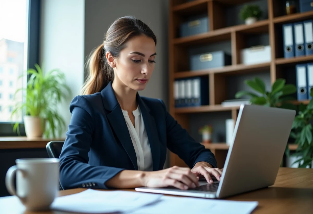 Femme d'affaires en costume dans un bureau moderne
