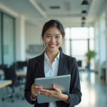 Femme d affaires confiante avec tablette dans un bureau moderne