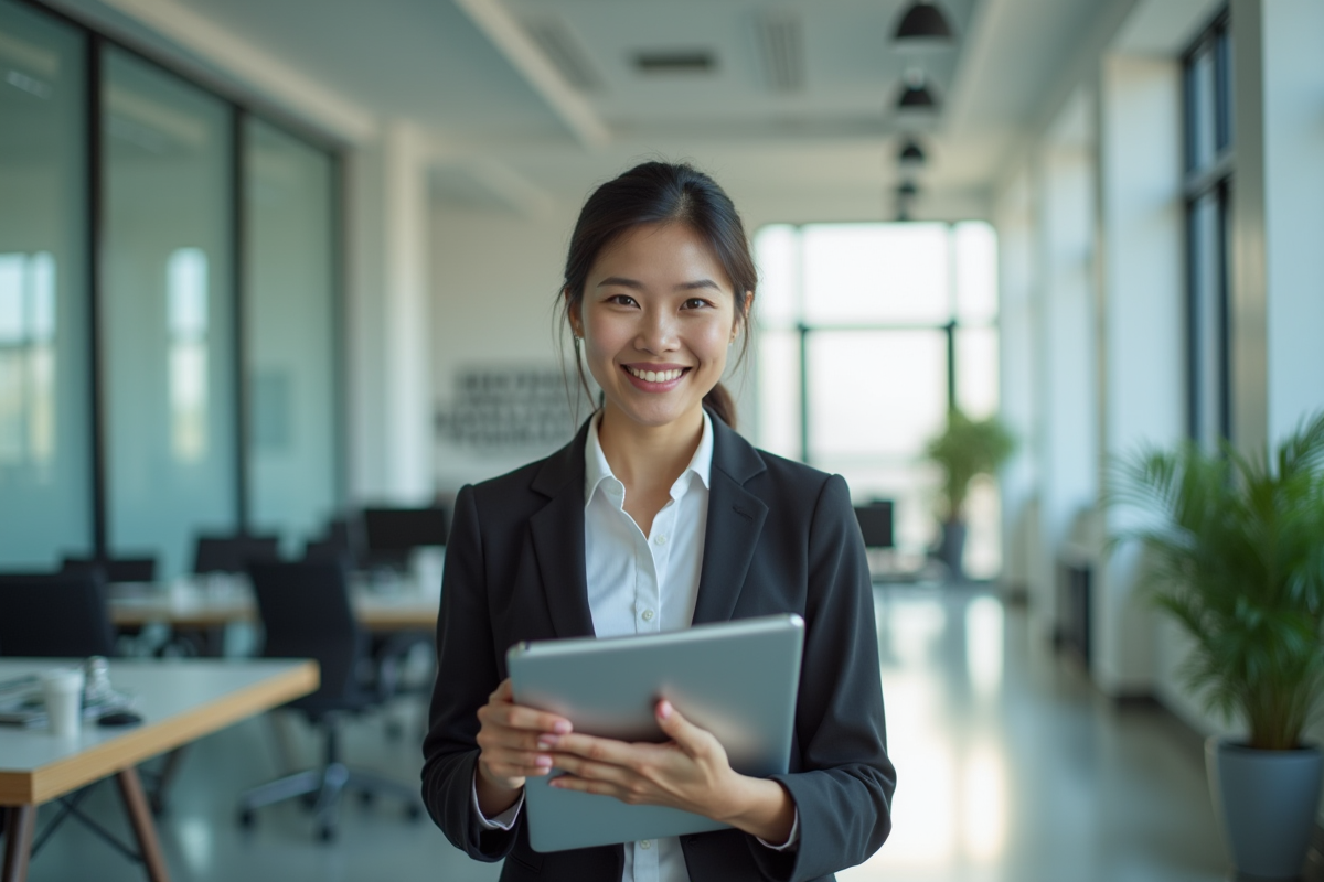 Femme d affaires confiante avec tablette dans un bureau moderne