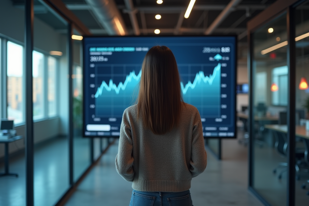 Jeune femme regardant des graphiques financiers sur un écran