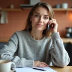 Femme utilisant son smartphone pour contacter le service client Darty depuis son domicile