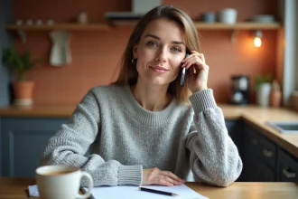 Femme utilisant son smartphone pour contacter le service client Darty depuis son domicile