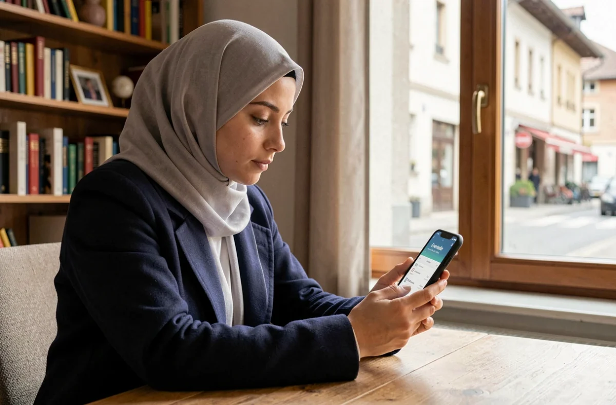 Femme musulmane consultant les heures de prière à Grenoble sur une application mobile