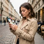 Femme utilisant une application mobile pour localiser des toilettes publiques propres en ville