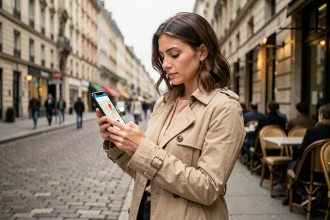 Femme utilisant une application mobile pour localiser des toilettes publiques propres en ville