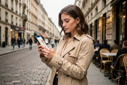 Femme utilisant une application mobile pour localiser des toilettes publiques propres en ville