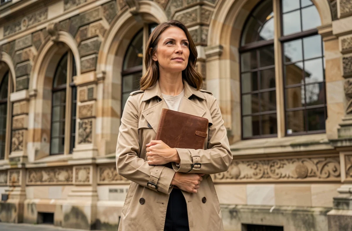 Femme devant un bâtiment d'archives historiques tenant un carnet, évoquant la recherche sur les origines et l'identité