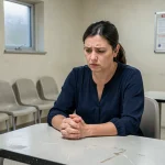 Femme inquiète attendant dans la salle d'attente d'un parloir de prison après un refus de visite