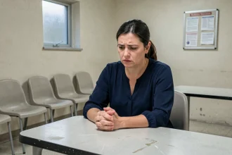 Femme inquiète attendant dans la salle d'attente d'un parloir de prison après un refus de visite