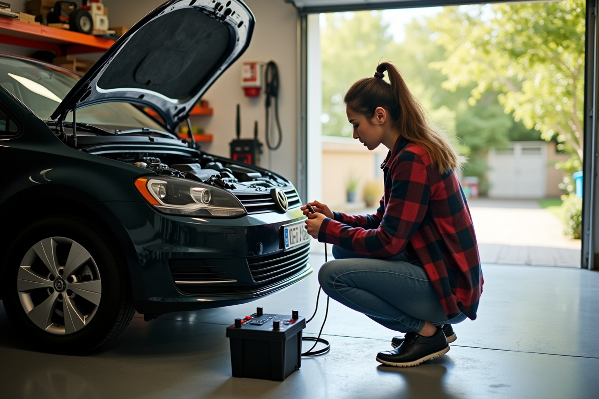Jeune femme connectant panneau solaire à la voiture dans un garage