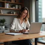 Femme concentrée travaillant sur son ordinateur dans un appartement moderne