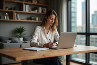 Femme concentrée travaillant sur son ordinateur dans un appartement moderne