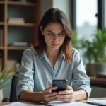 Femme d affaires dans un bureau moderne regarde son smartphone