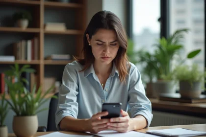 Femme d affaires dans un bureau moderne regarde son smartphone