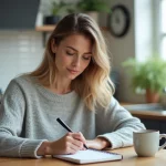 Femme calculant la conversion de minutes en heures avec une horloge analogique et un carnet de notes dans une cuisine moderne
