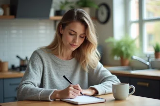 Femme calculant la conversion de minutes en heures avec une horloge analogique et un carnet de notes dans une cuisine moderne