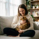 Femme tenant tendrement son chat tabby dans un salon cosy, illustrant l'importance de la mutuelle santé pour chats