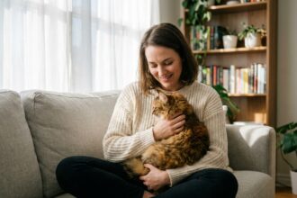 Femme tenant tendrement son chat tabby dans un salon cosy, illustrant l'importance de la mutuelle santé pour chats