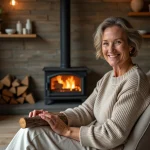 Femme souriante dans un salon scandinave avec cheminée à bois