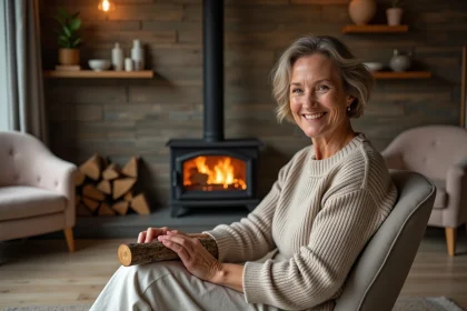Femme souriante dans un salon scandinave avec cheminée à bois