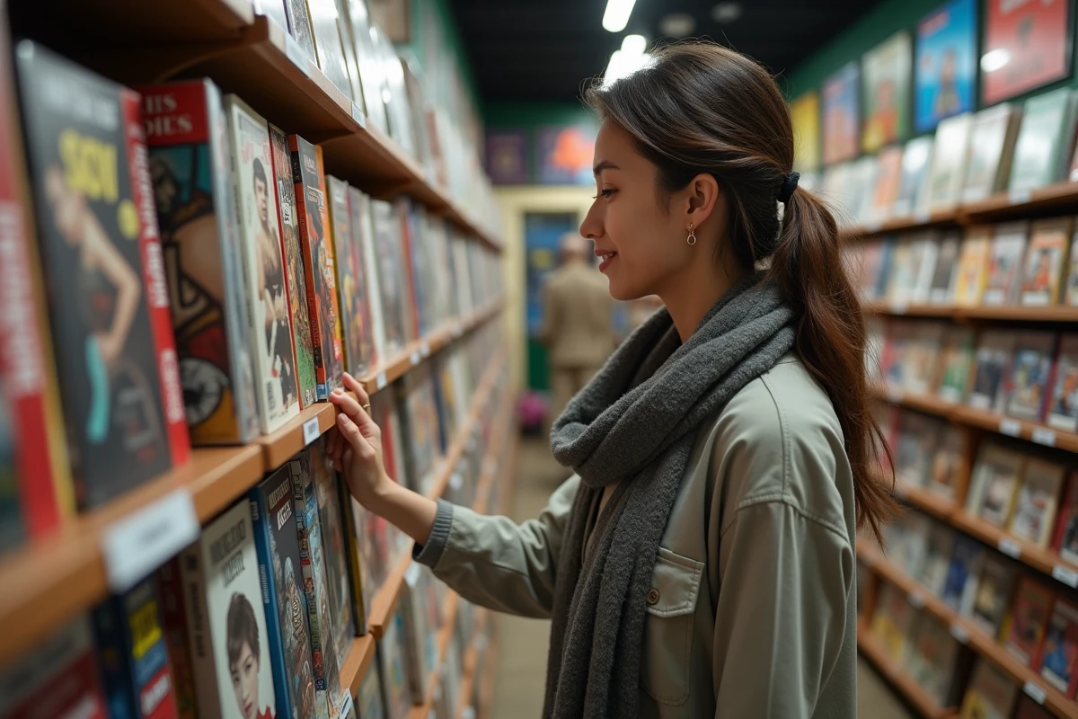 Jeune femme choisissant une bande dessinée dans une librairie