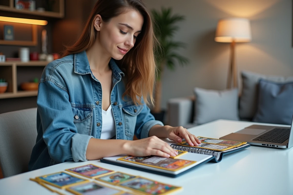 Jeune femme rangeant des cartes Pokémon holographiques rares dans un classeur de collection sur une table moderne