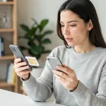 Femme comparant une carte SIM physique et un smartphone compatible eSIM Orange