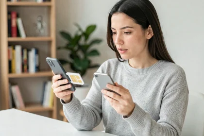 Femme comparant une carte SIM physique et un smartphone compatible eSIM Orange