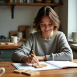 Jeune femme concentrée arrangeant des lettres en bois