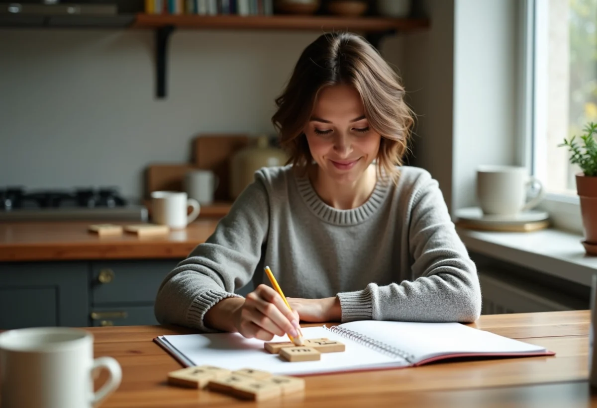Jeune femme concentrée arrangeant des lettres en bois
