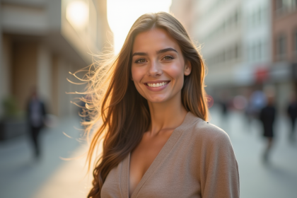 Femme confiante en extérieur avec lumière naturelle