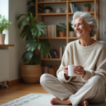 Femme assise avec mug près d'un radiateur électrique moderne
