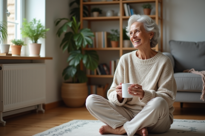 Femme assise avec mug près d'un radiateur électrique moderne