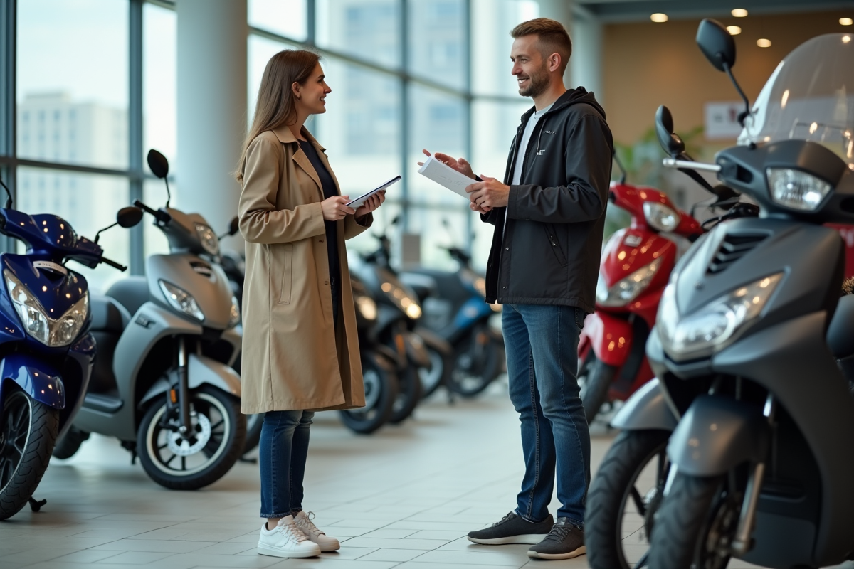 Femme consulte un vendeur devant motos 125cc en showroom